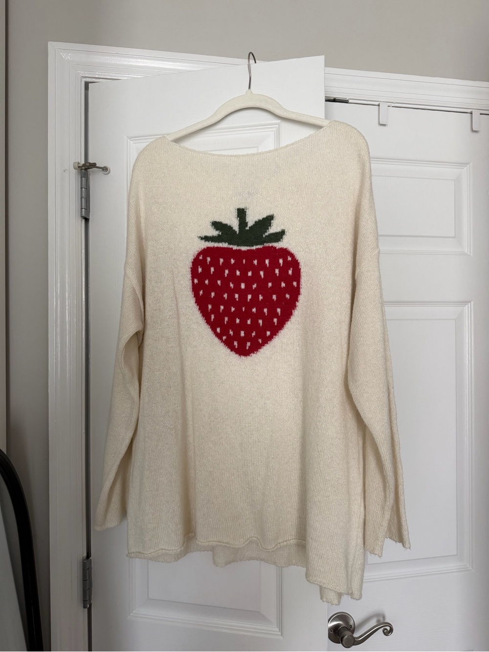 Cream Strawberry Motif Sweater - Casual Cozy Knit